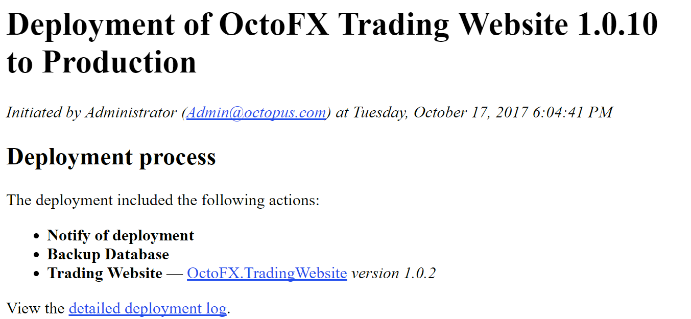 Example HTML email produced by the deployment summary template
